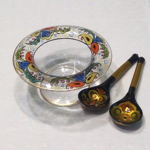 Hand Painted Glass Bowl w/ Ornate Wooden Spoons